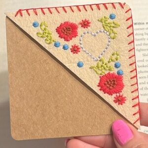 Hand Embroidery Book Corner  Embroidered Heart and Flower Bookmark